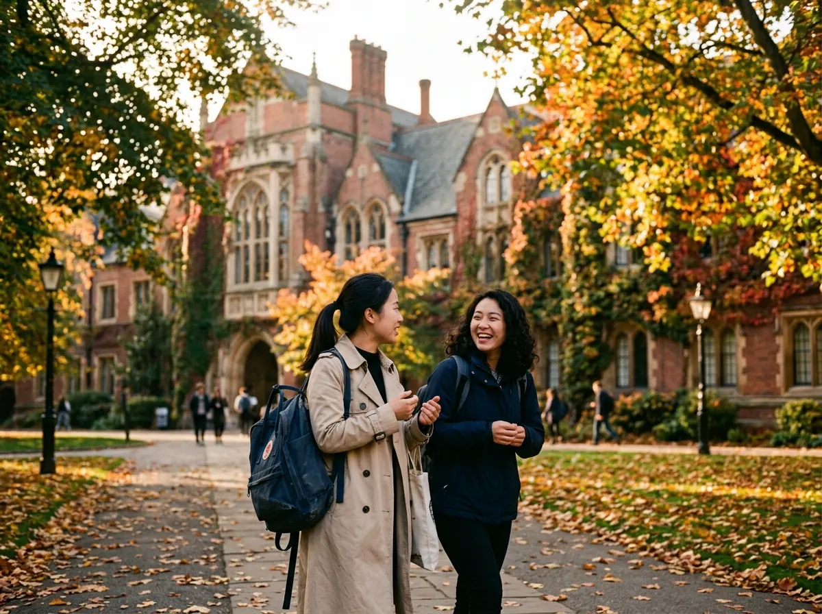 国外大学校园，学生走在秋日梧桐树下