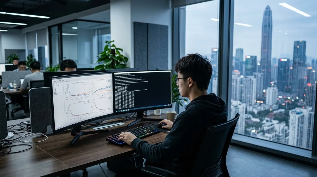 深圳科技公司办公区，工程师在双屏前调试代码